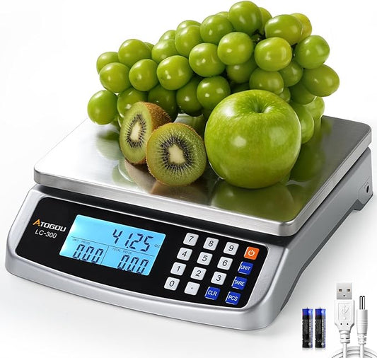 66lb Food Scale, Commercial Kitchen Scale with Price Computing, Plug-in Usable, 0.05oz/1g, 304 Stainless Steel, for Cooking, Vegetables, Farm, Industry, Counting. LC300 Silver