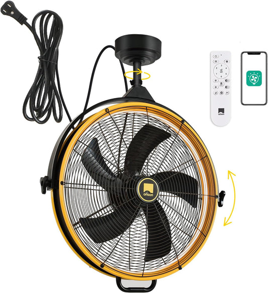 Orison 24.8'' Outdoor/Indoor Garage Ceiling Fan, 6 Speed Ceiling Mounted Plug-In Cord Garage Fan with Remote&APP, Manual Vertical Rotation, Hook hanging for Gazebo, Patio, Yellow&Black