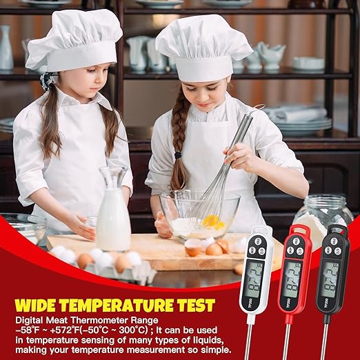 6 Pcs Instant Read Meat Thermometer with Long Probe 9.65 Inch Kitchen Cooking Food Candy Waterproof Digital Thermometer for BBQ Water Milk Yogurt Liquid (Round&Square Ring,Black,White,Red)