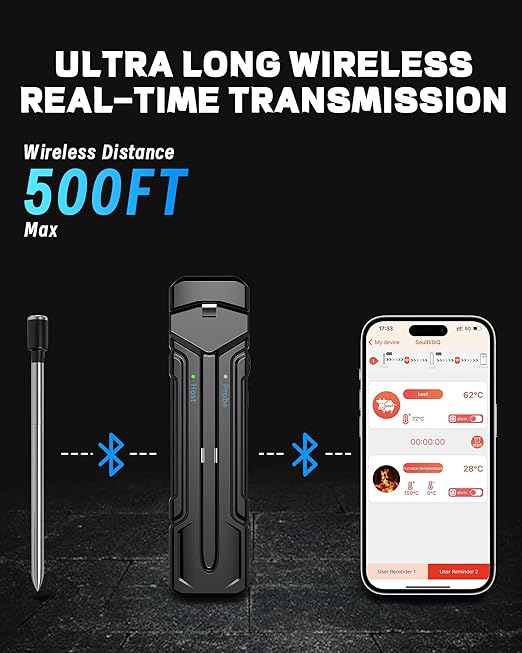 Wireless Meat Thermometer, 500ft Range, Bluetooth, Digital, Smart App Control for Grilling, Smoking, BBQ, Oven, Grill, Smoker, Rotisserie