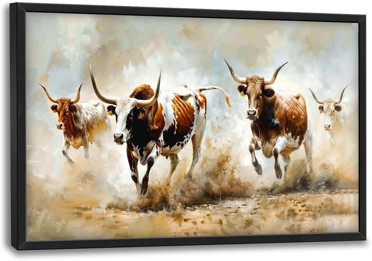 Highland Cow Large Wall Art Wild Animal Running Pictures Farmhouse Rustic Longhorn Wall Decor Canvas Print Painting Artwork for Bathroom Living Room Bedroom 36L" x 24W"