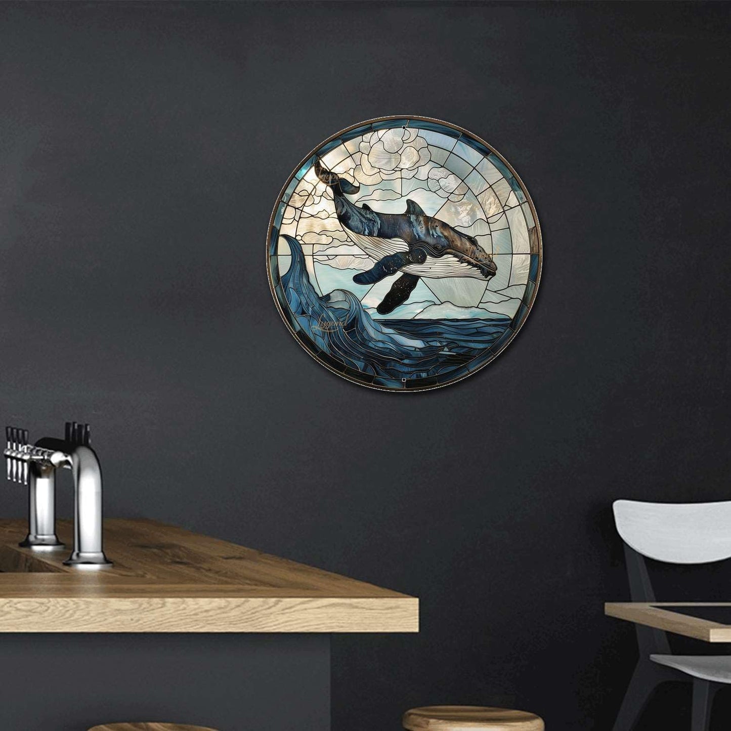 Lygond Metal Sign Tin Sign Circular Stained Glass Whale Bar Sign for Garage 8×8 Inches
