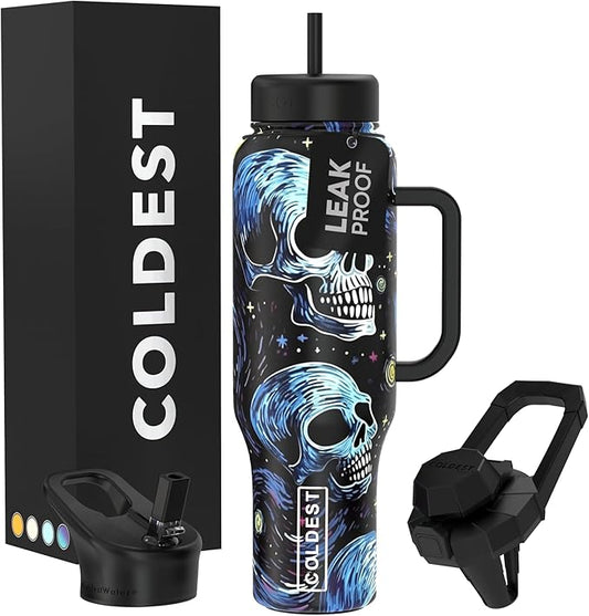 Coldest Tumbler with Handle and Straw, 100% Leak Proof Insulated Tumbler with Lid and Straw (3 Lids), Stainless Steel Tumblers for Women & Men, Cup Holder Friendly Base, 46 oz (Starry Skulls)