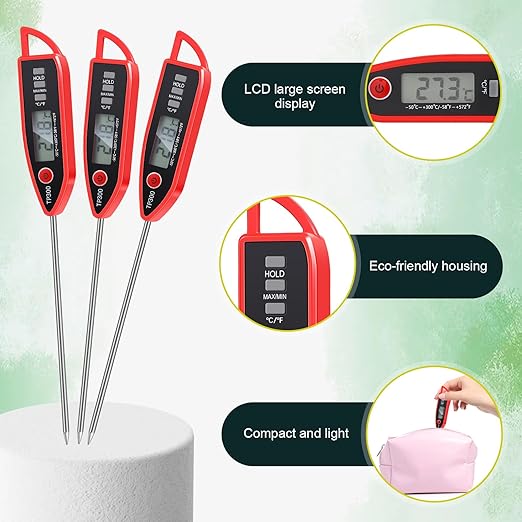 Instant Read Meat Thermometer with Long Probe 9.65 Inch Kitchen Cooking Food Candy Waterproof Digital Thermometer for BBQ Water Milk Yogurt Liquid(Pointed,Red)