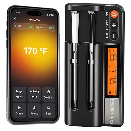CulinaMeter Two: 2 Probes Wireless Meat Thermometer with LCD Screen, 750FT Digital Cooking Food Thermometer for Beef Lamb Turkey, Dual Sensor Measures Internal & Ambient Temp
