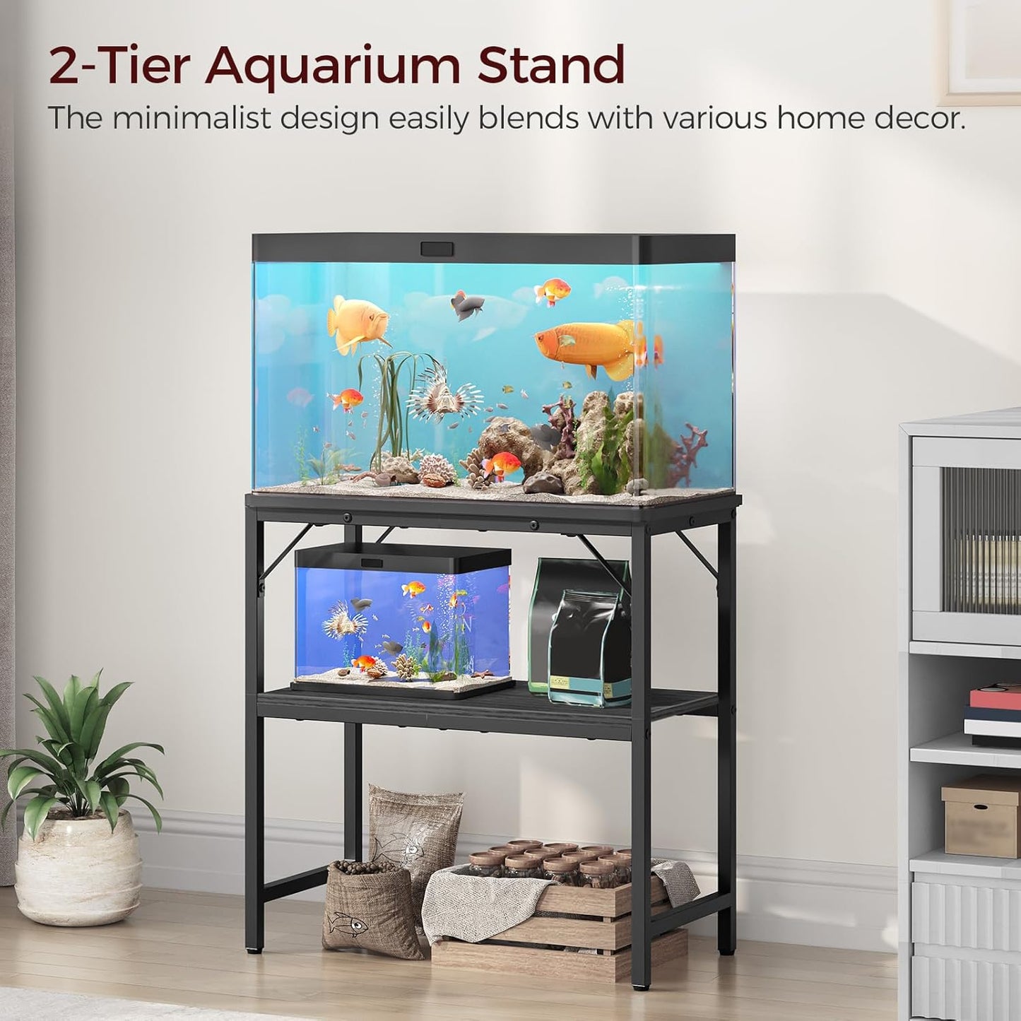 20 Gallon Fish Tank Stand, Aquarium Stand with 2-Tier Storage Shelves, Heavy Duty Breeder Turtle Terrarium Stand Rack for Home Office, 24.0" L x 11.8" W x 24.4" H, Black FTBK2001