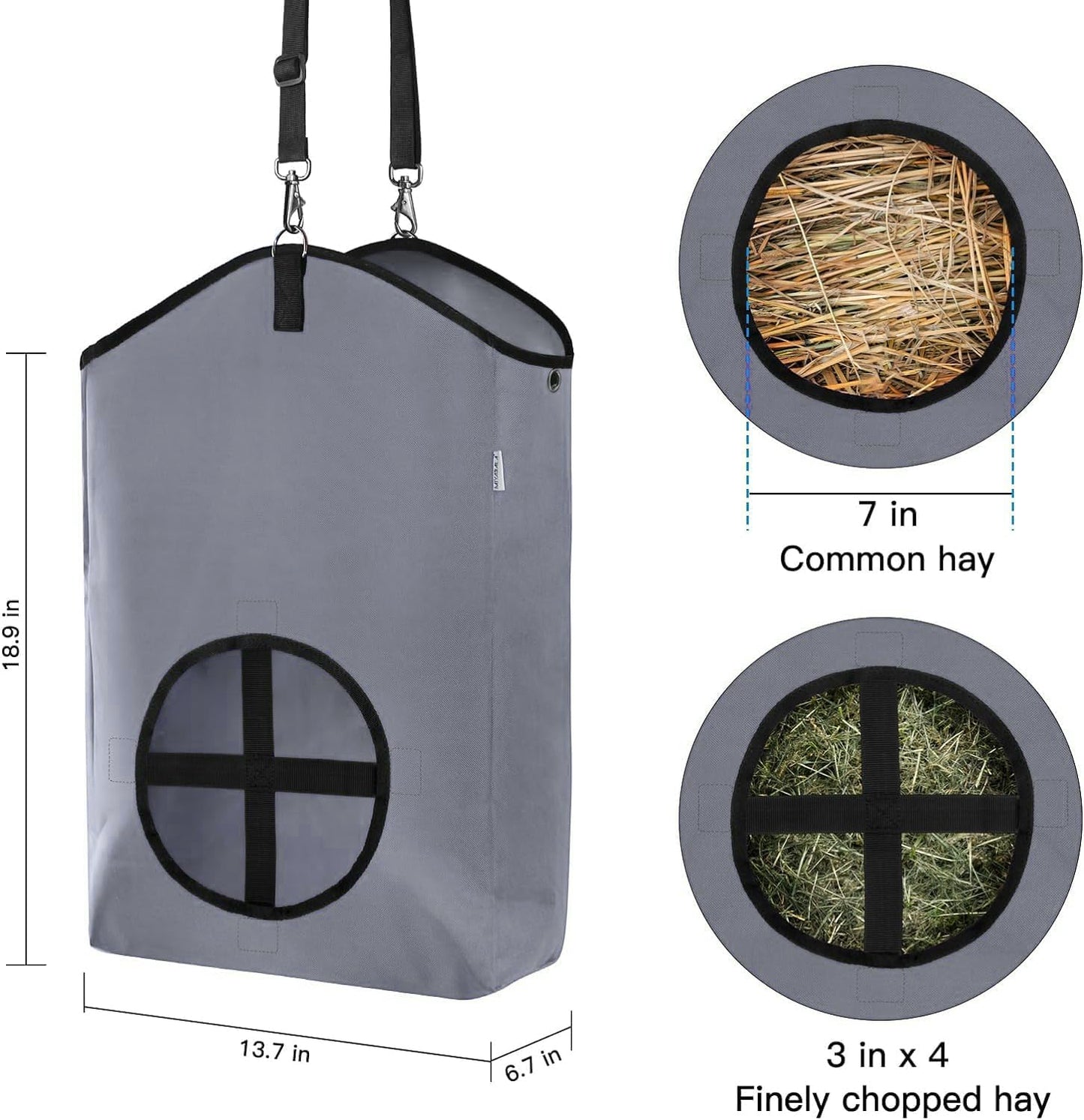 3 Packs Goat Hay Feeder,Hay Bags for Goats,Horses,Sheep,Premium 600D Oxford Cloth,with Metal Fastener and Adjustable Open Feed Hole for Slow Feeding. (1 Black+2Grey)