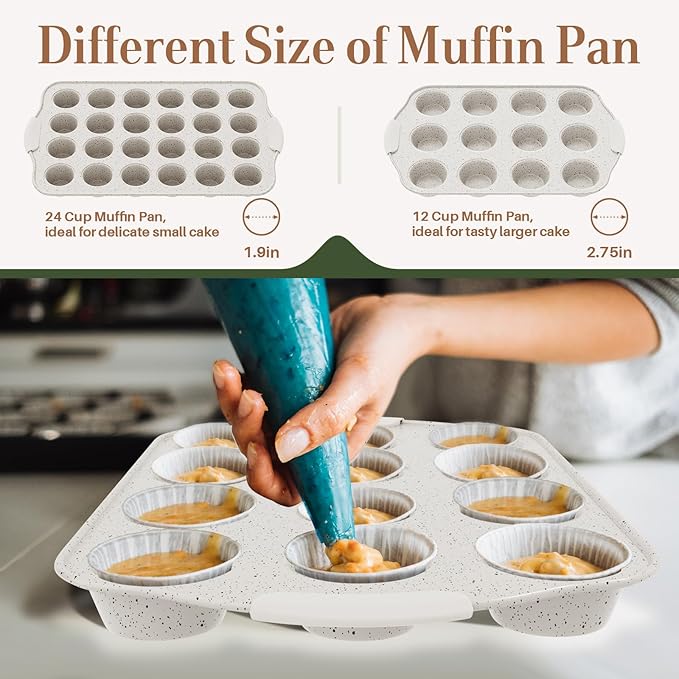 11-Piece Kitchen Nonstick Stackable Bakeware Set, Non Toxic Bakeware Sets with Silicone Handles, Includes Cookie Sheets, Cake Pan, Loaf Pan, Pizza Pan, Muffin Pan, White
