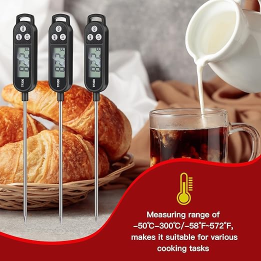 6 Pcs Instant Read Meat Thermometer with Long Probe 9.65 Inch Kitchen Cooking Food Candy Waterproof Digital Thermometer for BBQ Water Milk Yogurt Liquid Cooking(Black)