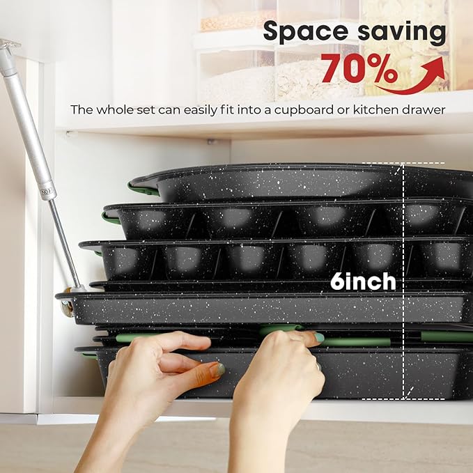 11-Piece Nonstick Bakeware Set, Stackable & Oven-Safe Kitchen Baking Pans with Silicone Handles - Includes Cookie Sheet, Cake Pan, Muffin Tin, Pizza Stone & Bread Loaf Pan, Dark Green&Black
