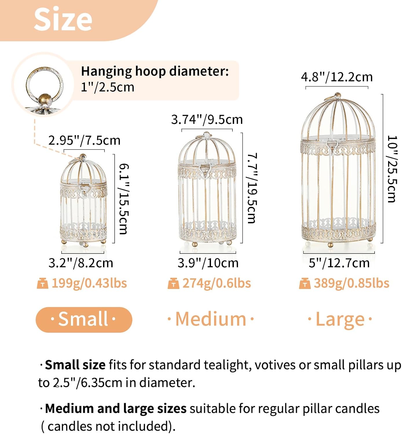 NUPTIO Tea Light Candle Holders: 2 Pcs 6 inch H Distressed White Bird Cage Lantern Centerpiece Hanging Metal Birdcage Tealight Votive Holder for Home Fireplace Dining Table Living Room Decoration