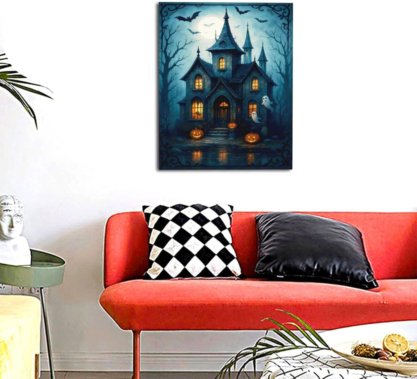Halloween Gothic Wall Art Castle Pumpkin Ghost Bat Canvas Wall Decor Dark Academia Pictures Painting Print Framed Artwork Decorations Gifts for Halloween Living Room Bedroom Office 16"x20"