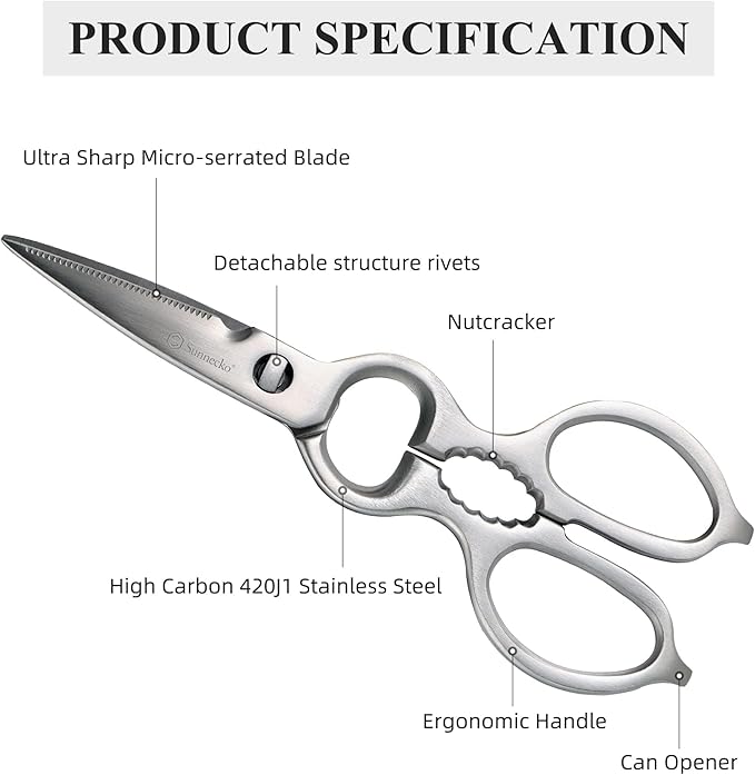 Sunnecko Heavy Duty Kitchen Scissors - Stainless Steel Kitchen Shears, Ultra Sharp Micro Serrated Poultry Shears, Cooking Scissors for Meat, Dishwasher Safe
