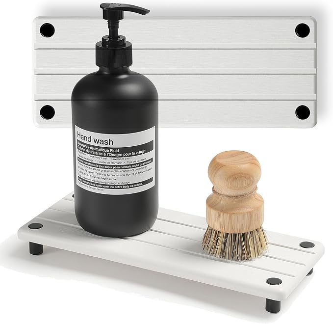 2 Pack Fast Drying Water Absorbing Diatomite Stone Mat Tray for Kitchen & Bathroom Counter - Instant Dry Sink Caddy Organizer - Vanity Holder for Soap and Sponge – White 10" x 4"