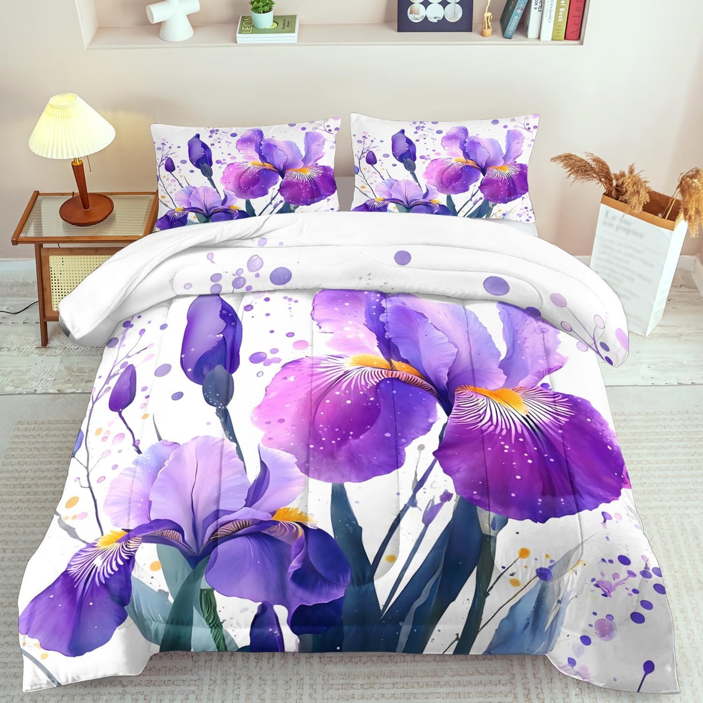 Purple Floral Comforter Set King Size Woman,Purple Iris Comforter for Girls,Pink Flower Bedding Set King Bedroom Decor,Floral Bedding Quilt Bed Decor Pink for Kids and Adults