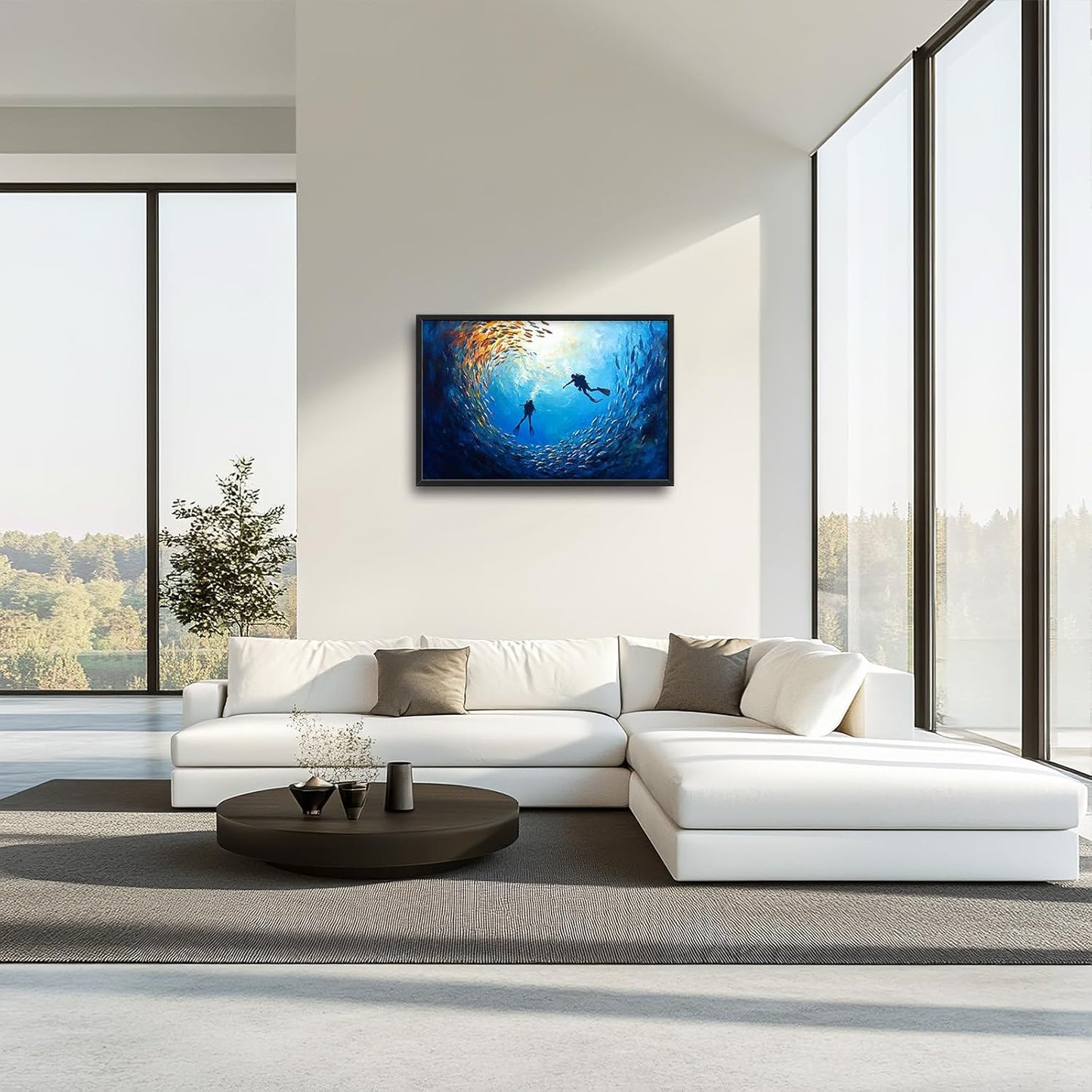Large Ocean Diving Wall Art for Living Room, Framed Oversized Fish Wall Decor Underwater Marine Life Canvas Painting Modern Artwork for Living Room Bathroom Bedroom Office Dining Room 36"x24"