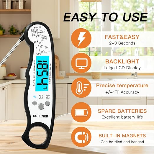 KULUNER TP-01 Waterproof Digital Instant Read Meat Thermometer with 4.6 Folding Probe Backlight Calibration Function for Cooking Food Candy, BBQ Grill, Liquids,Beef(White)