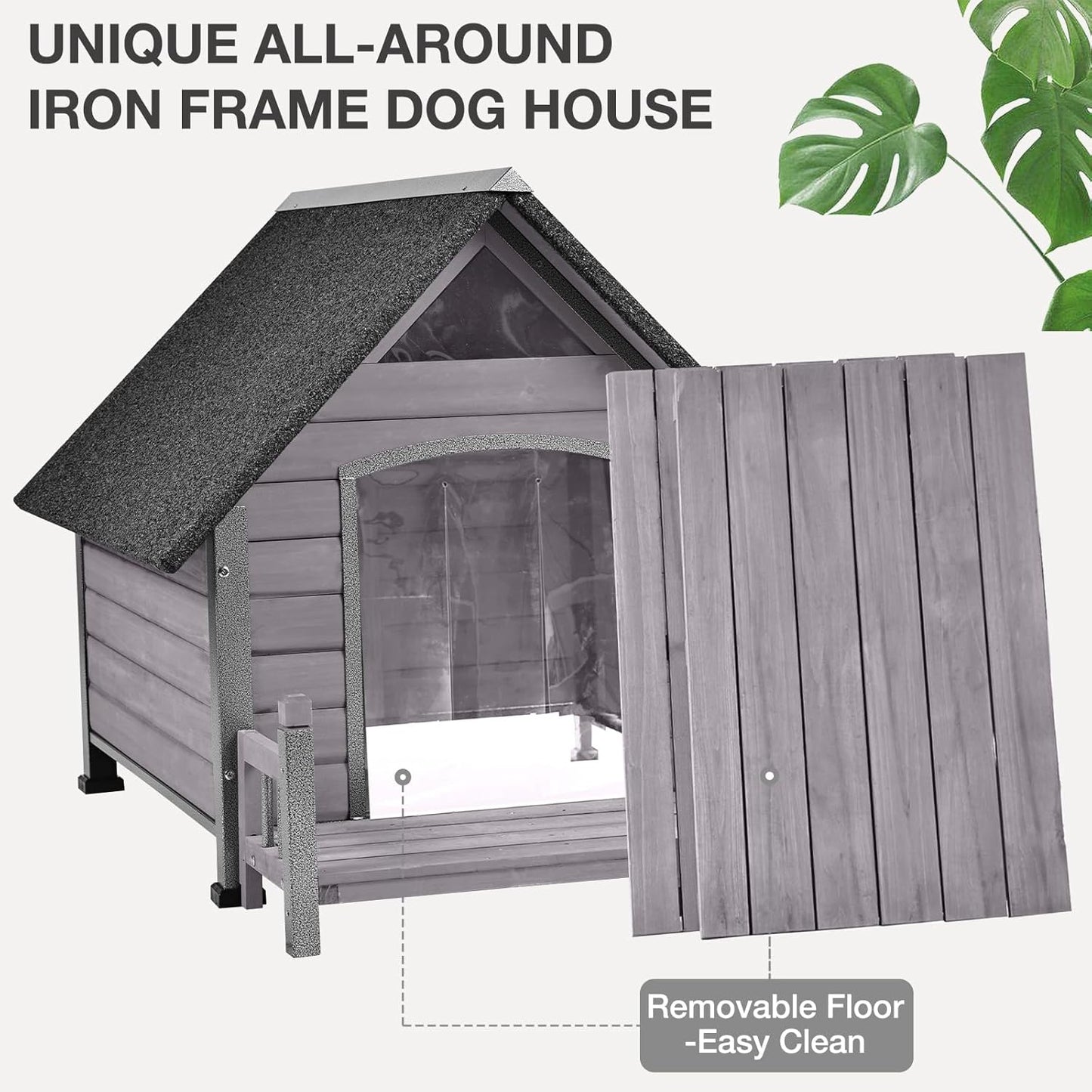 Large Dog House Outdoor Indoor All-Around Iron Frame Design Dog House with Porch＆Raised Feet for Small Medium Large Dogs（Grey）