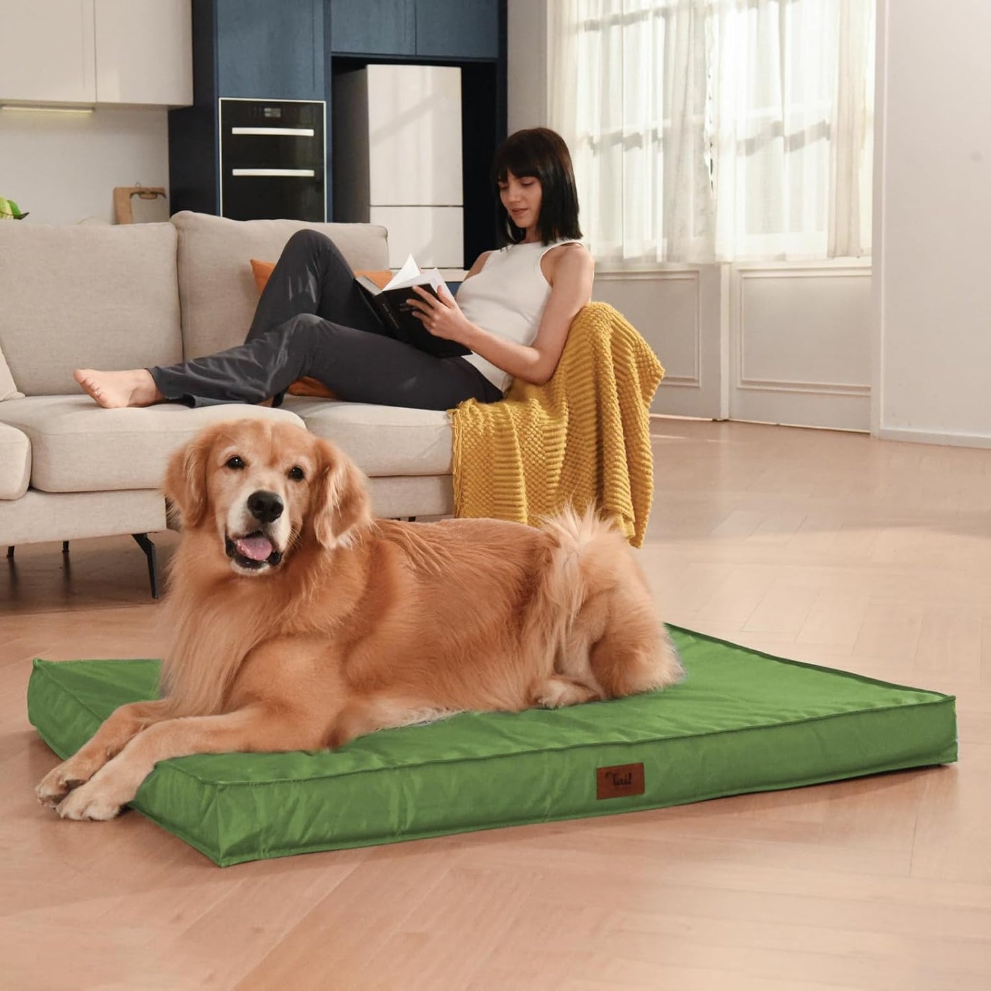 Outdoor Extra Large Dog Bed for Big Dogs, Waterproof Dog Bed for Large Dogs, Egg Crate Foam XL Pet Bed with Removable Washable Oxford Cooling Cover, Light Green