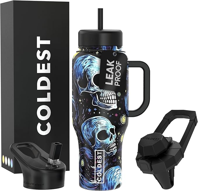 Coldest Tumbler with Handle and Straw, 100% Leak Proof Insulated Tumbler with Lid and Straw (3 Lids), Stainless Steel Tumblers for Women & Men, Cup Holder Friendly Base, 36 oz (Starry Skulls)