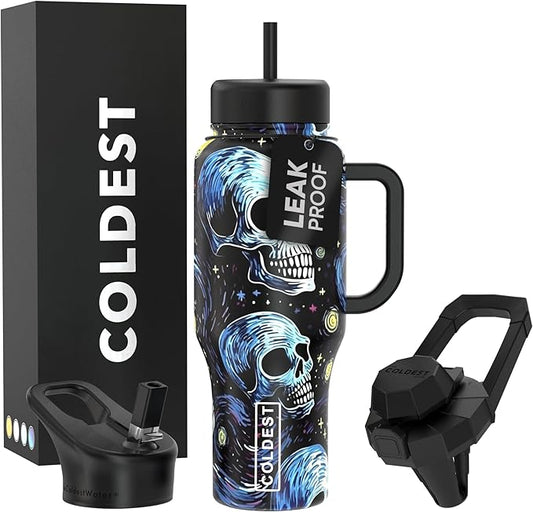Coldest Tumbler with Handle and Straw, 100% Leak Proof Insulated Tumbler with Lid and Straw (3 Lids), Stainless Steel Tumblers for Women & Men, Cup Holder Friendly Base, 36 oz (Starry Skulls)