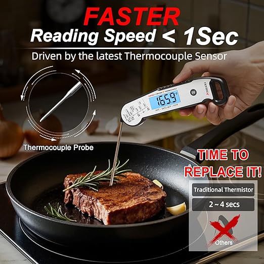 Professional Food & Meat Thermometer, 1 Sec Instant Read & ±0.5℉ Accuracy Driven by Thermocouple Sensor. IP67 Waterproof Digital Thermometer for Cooking, BBQ, Grill Gifts for Men Him Dad Birthday