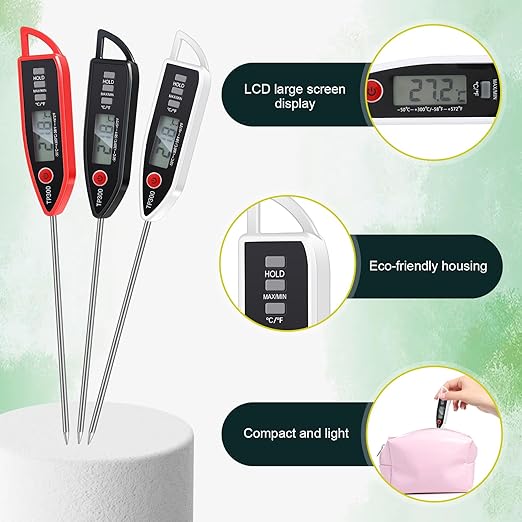 3 Pcs Instant Read Meat Thermometer with Long Probe 9.65 Inch Kitchen Cooking Food Candy Waterproof Digital Thermometer for BBQ Water Milk Yogurt Liquid (Pointed,Black,White,Red)