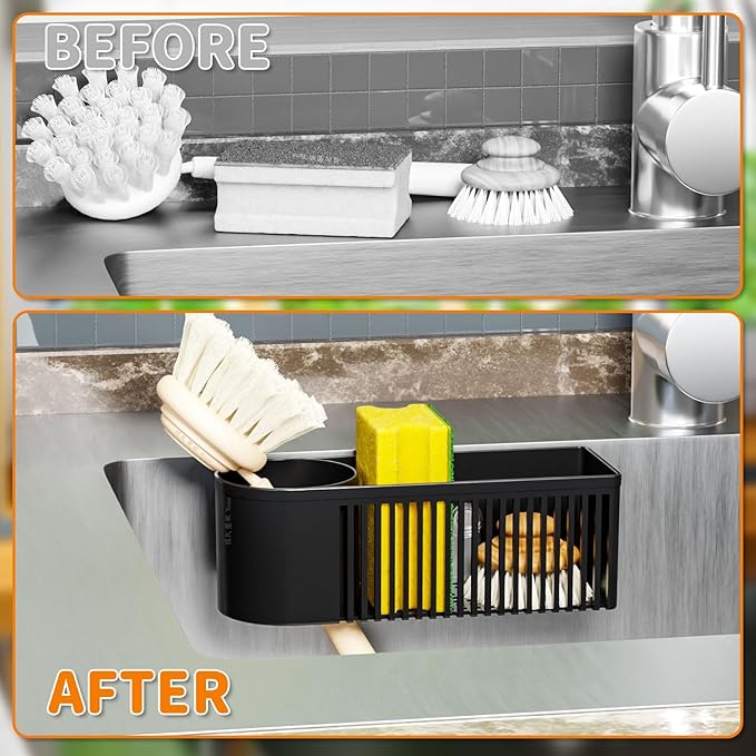 2-in-1 Dish Wand Holder & Sponge Holder for Kitchen Sink Hanging,With Adhesive,Rust Proof Scrub Brush,Scrubber,Dish Sponge,Spinge Holder,In Sink Organizer & Basket Accessories & Essentials,Plastic