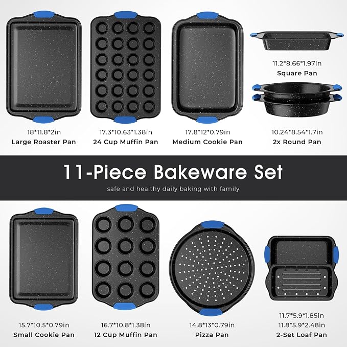 11-Piece Professional Stackable Baking Set, Oven-Safe Nonstick Cookware with Cool-Touch Handles - Features Cookie Sheet, Cake Pan, Muffin Tin, Pizza Stone & Bread Loaf Pan, Black&Blue