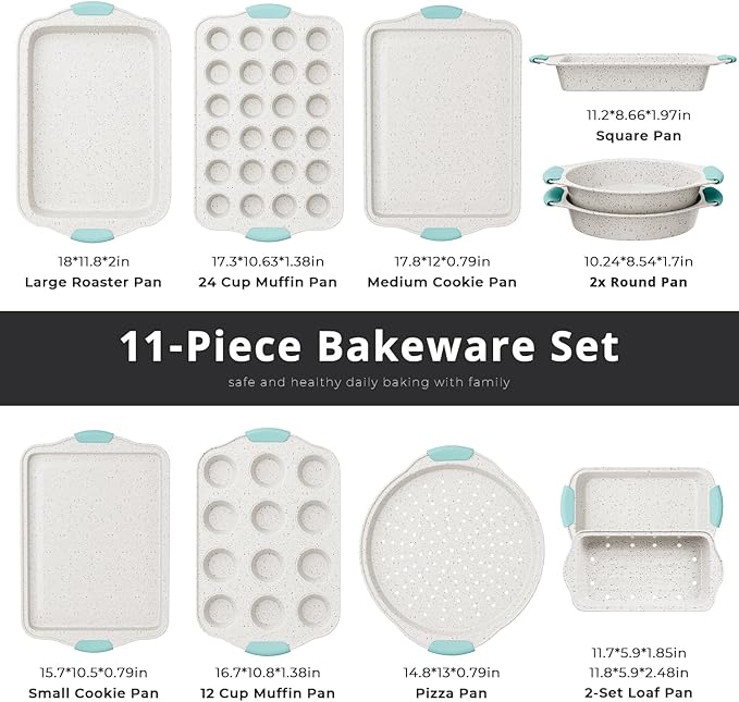 11-Piece Non-Toxic Bakeware Set – Nonstick, Stackable & Oven Safe with Heat-Resistant Silicone Handles – Cookie Sheet, Cake Pan, Muffin Mold, Pizza Tray & Bread Loaf Dish, White & Sky Blue