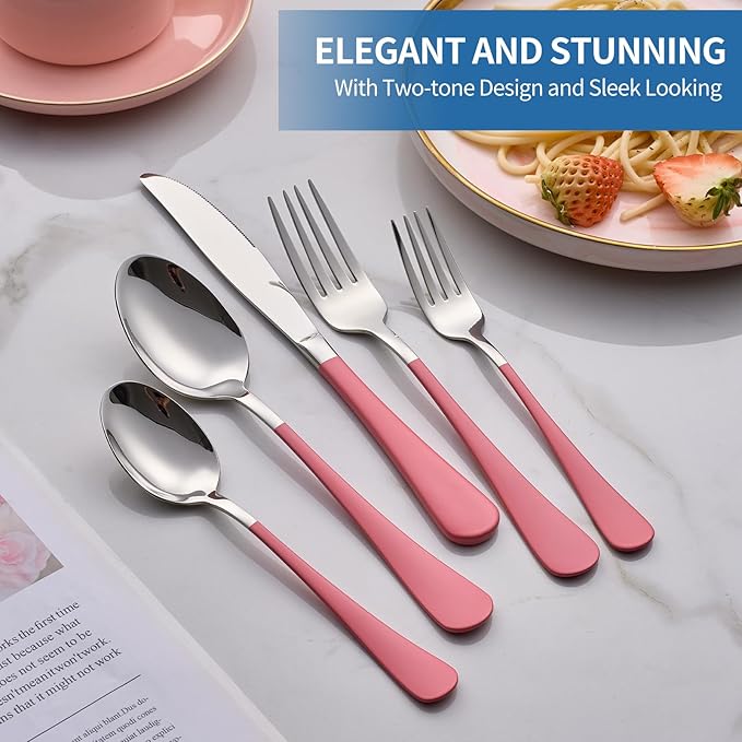 20-Piece pink Silverware Set, 18/0 Stainless Steel pink Handle Flatware Set, Service for 4, Modern Cutlery Set Includes Dinner Knives Forks Spoons, Mirror Polished, Dishwasher Safe