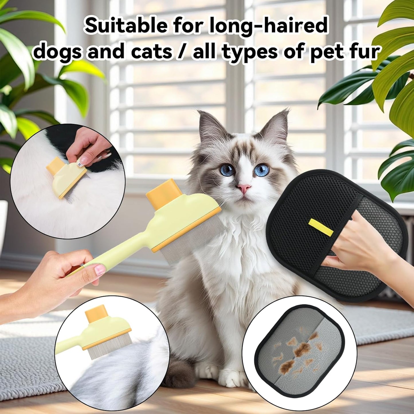 2 Pet Hair Removal Gloves, 2 Flea Combs for Cats and Dog，Reusable Electrostatic Gloves and Long & Short Flea Combs, 4 PCS pet hair removal tools