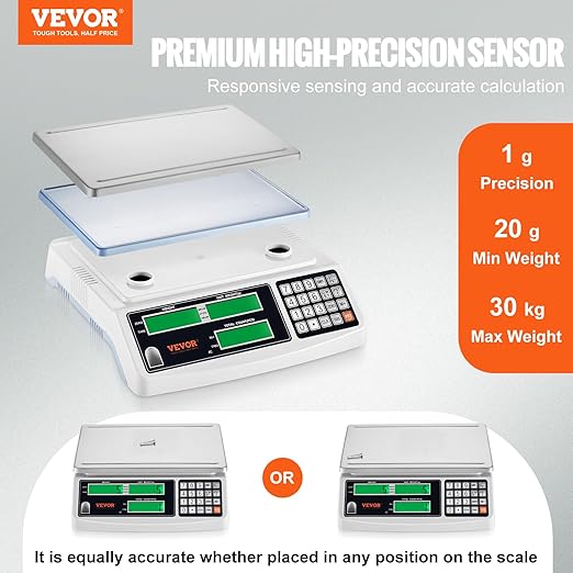 VEVOR Industrial Counting Scale, 30 kg x 1 g, Digital Scale for Parts and Coins, g/kg/lb Units, Electronic Gram Scale Inventory Counting Scale Kitchen Jewelry Scale with RS232 Port and 3 LCD Screens