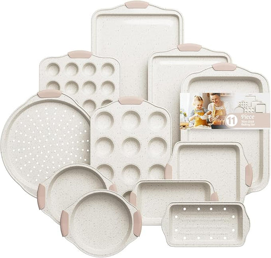 11-Piece Baking Pans Set Nonstick, Stackable Bakeware, Toxin-Free Baking Pans Set with Silicone Handles, Includes Cookie Sheets, Cake Pan, Loaf Pan, Pizza Pan, Muffin Pan, White&Khaki