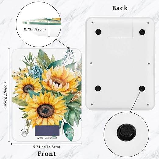 Digital Food Scale Sunflowers White – Fashion Design, 11lb/0.01oz, Tempered Glass, Kitchen Scales with LCD Display for Baking & Cooking, Batteries Not Included
