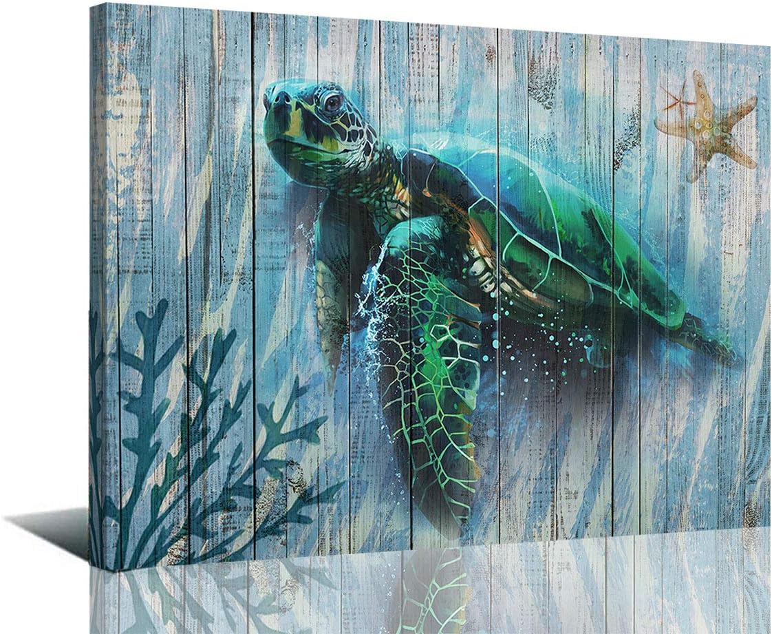 Arjun Bathroom Decor Blue Wall Art Canvas Green Sea Turtle Teal Submarine Picture, Blue Modern Landscape Painting Framed for Living Room Bedroom Home Office Wall Decor, 16"x12"