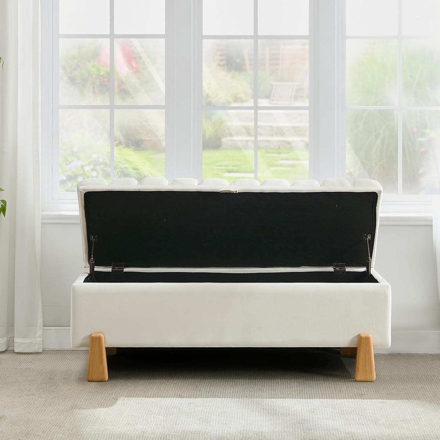 Storage Ottoman Bench for Bedroom Small Spaces 48.6 Inch with Hinged Lid Solid Wood Tapered Legs Tufted Upholstered Fabric for Living Room & Bedroom, Beige