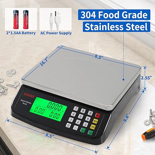 Large Kitchen Scale Black 40KG/88LB Commercial Food Scales Digital Weight for Cooking Meat Baking Bread Price Computing 304 Stainless Steel with Parts Counting Deli Stores Tare Function
