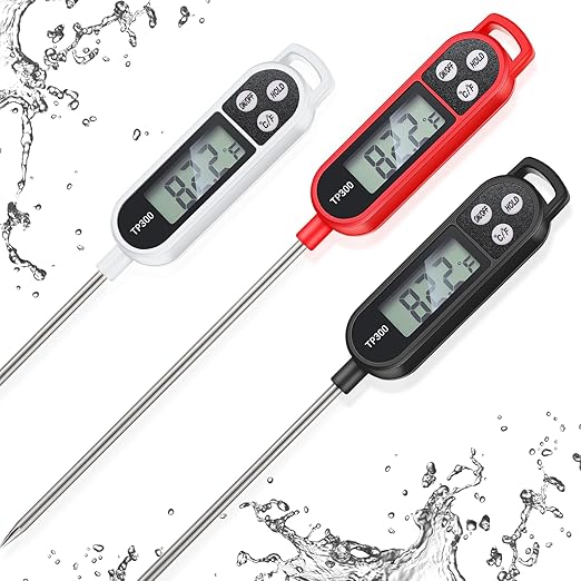 3 Pcs Instant Read Meat Thermometer with Long Probe 9.65 Inch Kitchen Cooking Food Candy Waterproof Digital Thermometer for BBQ Water Milk Yogurt Liquid Cooking (Black,White,Red)
