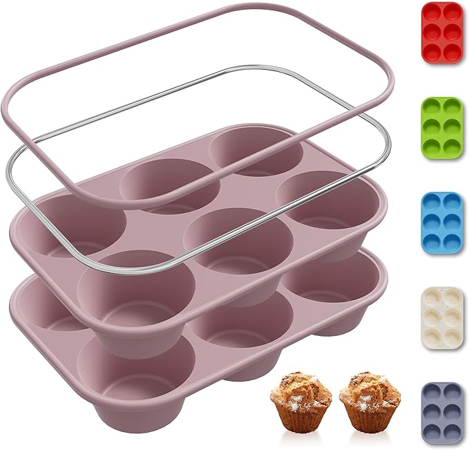 2 Pack 6 Cups Jumbo Muffin Pan with Metal Reinforced Frame Silicone Molds Egg Bites Silicone Circle Cookie Molds Extra Large Muffin Tin Jumbo Tart Pans Baking Sheet Set for Sandwiches