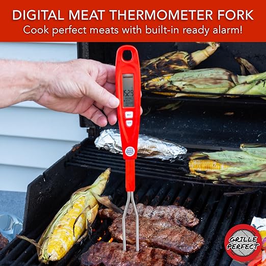 Digital Meat Thermometer Fork for Grilling & BBQ with Ready Alarm, Pro Temp Points for Quick Accurate Temperature on Steak, Pork, Chicken & Hot Grilled Food on Patio or Outside Kitchen