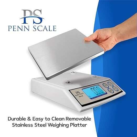 Penn Scale PS-20 Digital Kitchen Portion Scale - 20lb Electric Kitchen Scale with 0.01lb Readability - Removable Platter & LCD Display - KG, Lb, & Oz Unit Conversion (AC & Battery Powered)