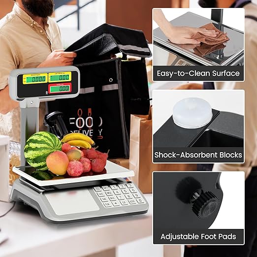 S AFSTAR Price Computing Scale with Pole Display, 88 lb Commercial Food Scale with Stainless Steel Platform, Rechargeable Battery, Tare & Count Function, Digital Market Scales for Retail Outlet, Meat