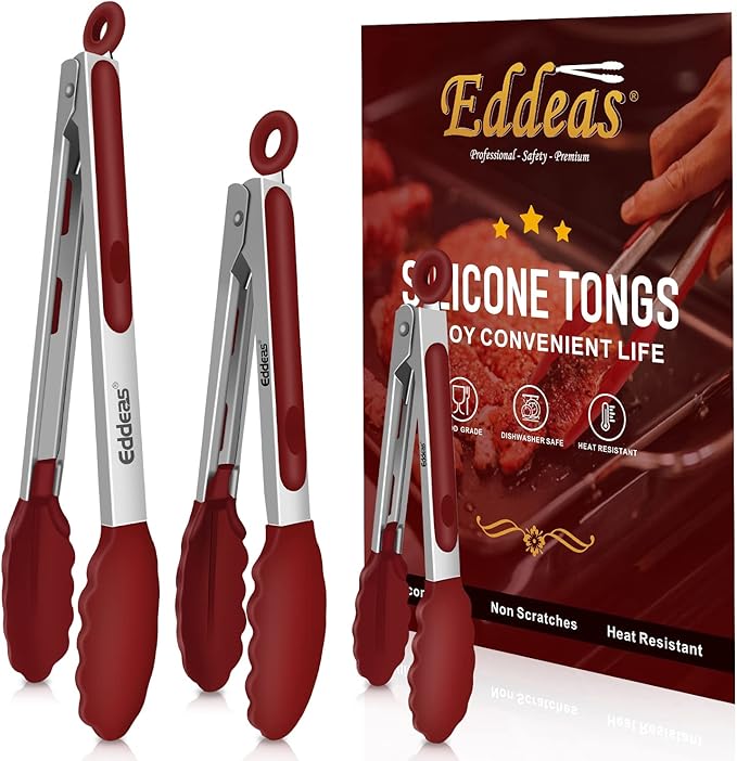 Tongs For Cooking - 7",9" and 12 inch Kitchen Tong with Silicone Tip,Heat Resistant 600 Degrees Metal Locking Tongs - for cooking,Salad and Barbecue,Red Set of 3
