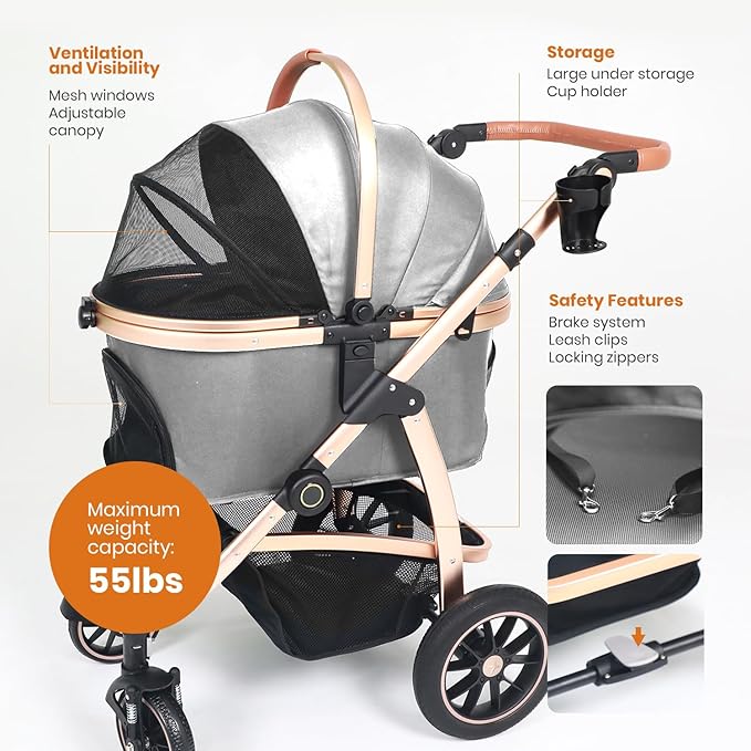 3 in 1 Pet Stroller - Stroller for Small to Medium Dogs and Cats up to 55 lbs, with Detachable Carrier/Car Seat, Foldable and Lightweight, Detachable Cushion + Cup Holder (Gray)