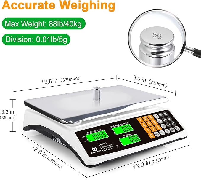 Price Computing Scale 88lb/40kg Commercial Food Scale for Produce Meat Weighing, LCD Display and Green Bright Backlight for Farmers Markets, Meat Shop, Deli, （Not for Trade）