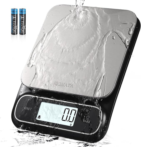 BOMATA Waterproof IPX6 Kitchen Scale, 0.1 g/0.01 oz High Precision, 5 kg/11 lbs, Digital Scale with Backlight, Stainless Steel Weighing Platform, for Food, Cooking, Baking, Weight Loss.. B619, Grey
