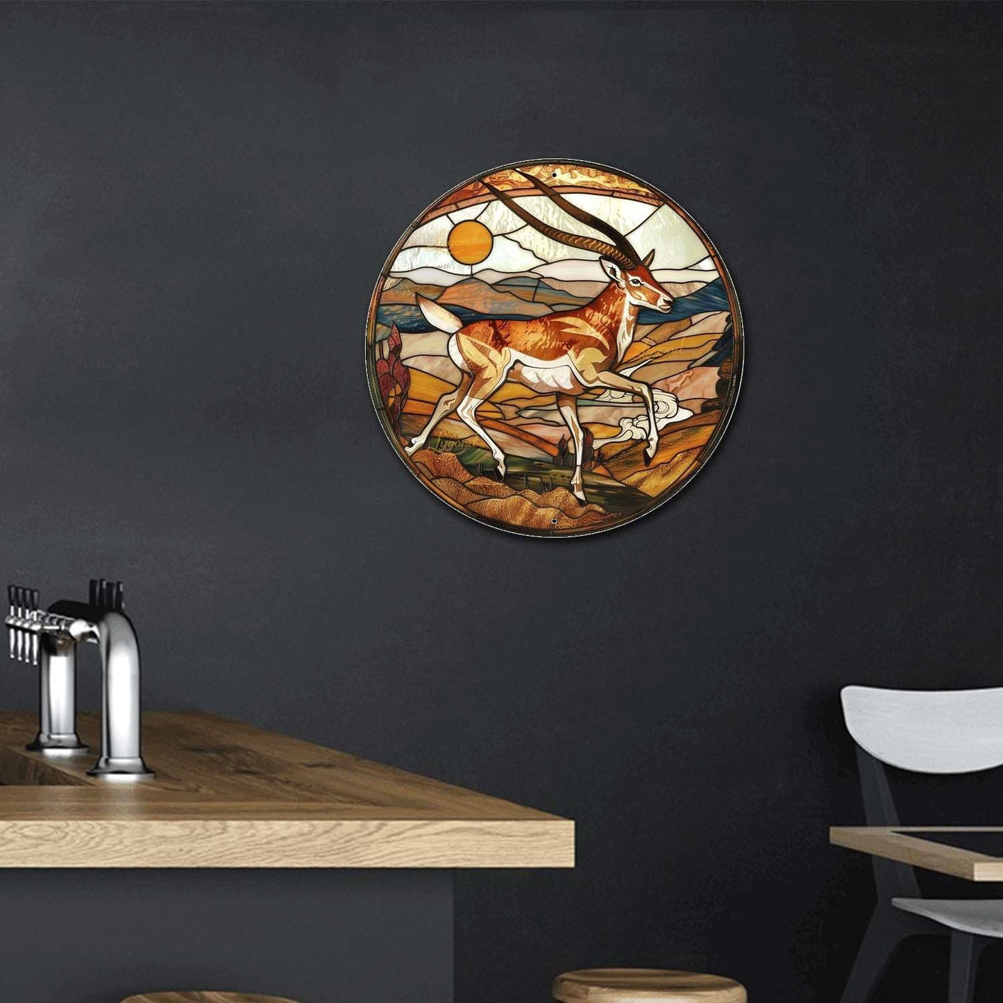 Lygond Metal Sign Tin Sign Circular Stained Glass Pronghorn Home Deccor Store Home Decor for Garden 12×12 Inches