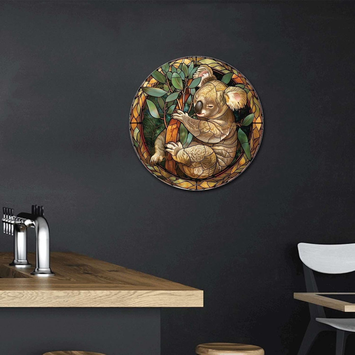 Lygond Metal Sign Tin Sign Circular Stained Glass Koala Kitty Decor for Garden 8×8 Inches