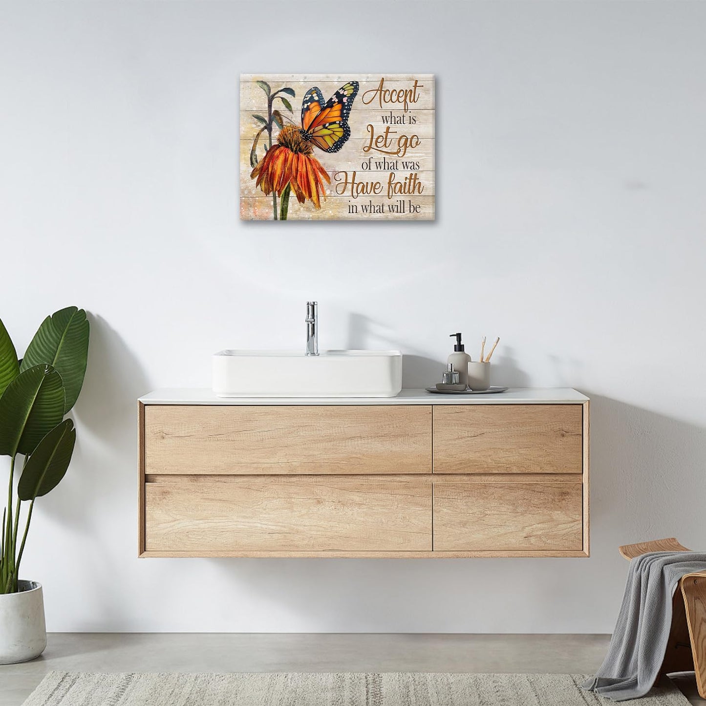 Farmhouse Butterfly Bathroom Pictures Wall Art, Rustic Floral Country Bathroom Wall Decor, Daisy Inspirational Framed Painting Canvas Artwork for Bedroom Living Room Decorations 16"L x 12"W